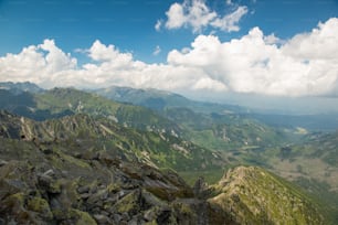 Scenario di alte montagne verdi, cielo blu con nuvole. Alti Tatra, Slovacchia.  Bellissimo paesaggio montano.