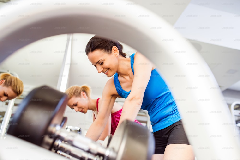 Close up of two attractive fit women in gym working out with weights