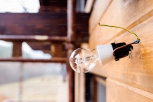 Transparent glass light bulb hangs from a spot on wires on brown wooden board wall of the unfinished house.