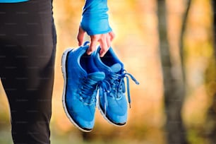 色とりどりの晴れた秋の自然の中で、青いスウェットシャツを着てスポーツシューズを履いている見分けのつかないランナー。