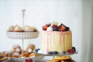 Cake with various berries and meringues on a stand. Cupcakes and tubes of pasty on other stand. Studio shot.