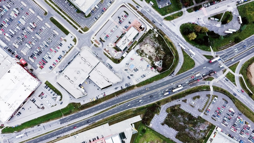 Aerial view of supermarkets, car parks and roads. Zvolen Slovakia.