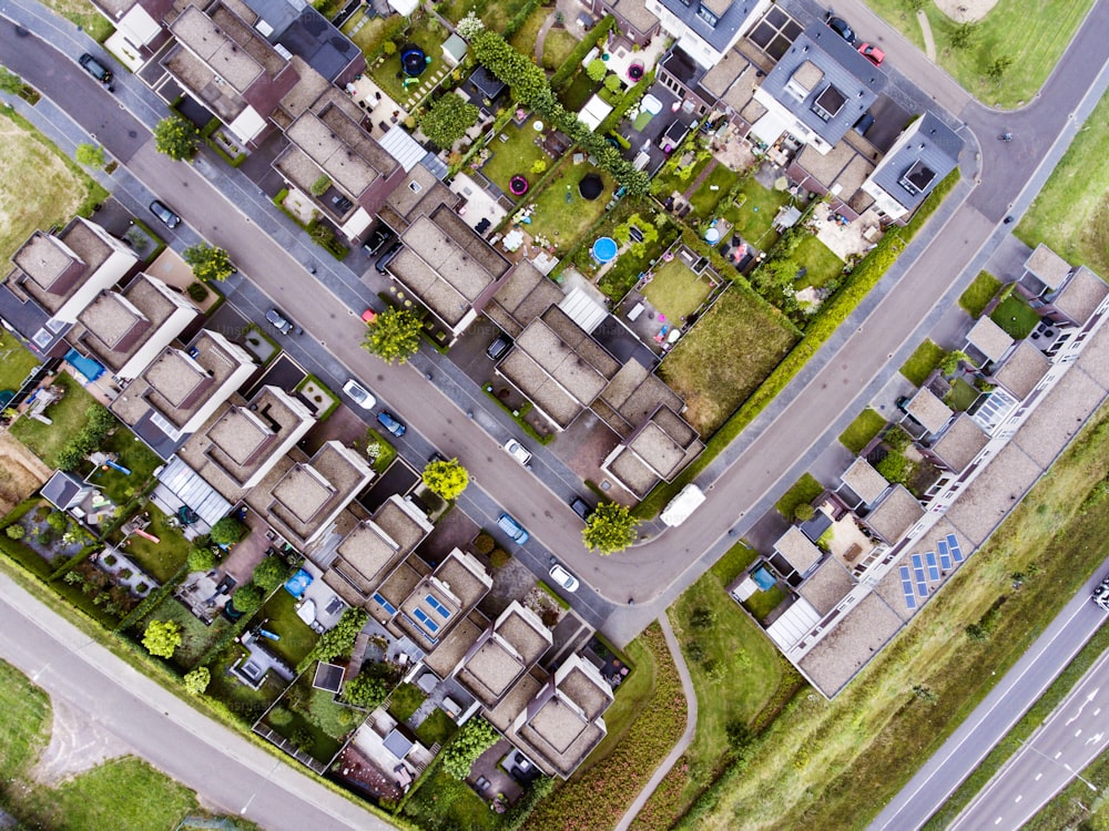 Aerial view of Dutch street with white houses and cars. Netherlands