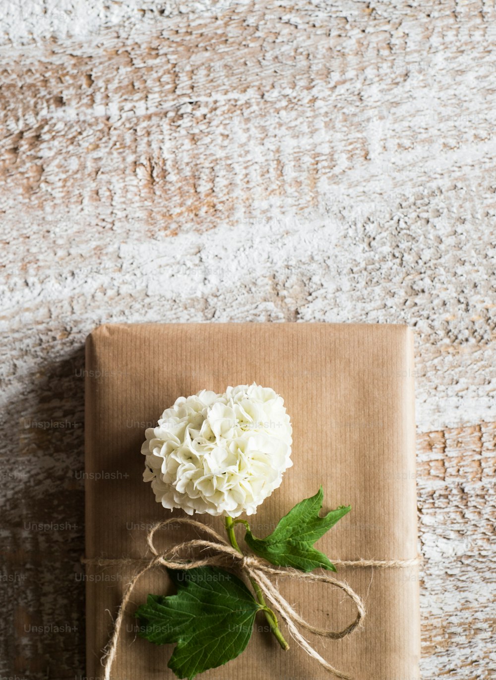 Present wrapped in brown paper decorated by lilac flower. Studio shot on white wooden background. Copy space.
