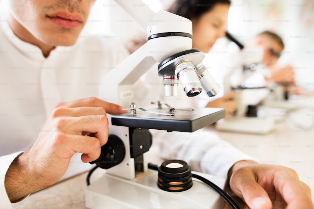 Des lycéens méconnaissables avec des microscopes dans un laboratoire pendant un cours de biologie.