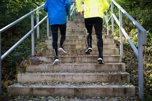 Two young unrecognizable athletes running on stairs outside in sunny autumn nature. Trail runners training for cross country race. Rear view.