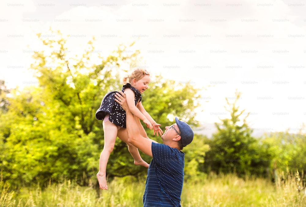 녹색 여름 자연에서 젊은 아버지는 귀여운 어린 딸을 공중에 높이 안고 있습니다.