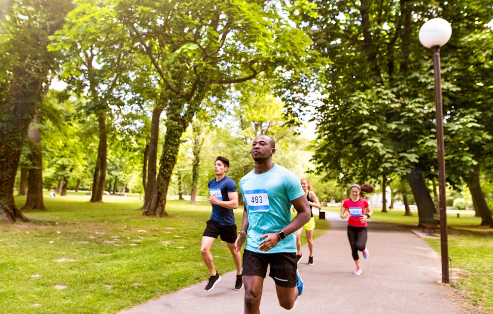 녹색 햇볕이 잘 드는 여름 공원에서 달리는 젊은 운동 선수 그룹.