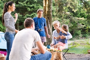 Beautiful family enjoying camping holiday in forest. Barbecue with drinks and food.