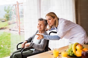건강 방문자 및 가정 방문 중 노인 여성. 휠체어를 탄 노인 여성과 이야기하는 간호사.