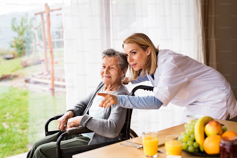 Visitador de salud y una mujer de la tercera edad durante la visita domiciliaria. Una enfermera hablando con una anciana en silla de ruedas.