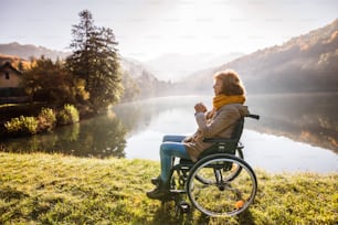Mulher sênior em uma cadeira de rodas em uma natureza de outono. Uma mulher orando à beira do lago no início da manhã.