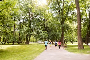 Gruppo di giovani atleti che corrono nel parco estivo soleggiato verde. Veduta posteriore.