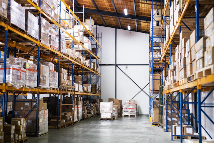 Warehouse shelves stacked with boxes, representing ecommerce logistics