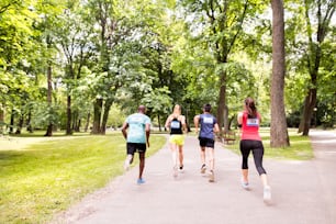 Gruppo di giovani atleti che corrono nel parco estivo soleggiato verde.