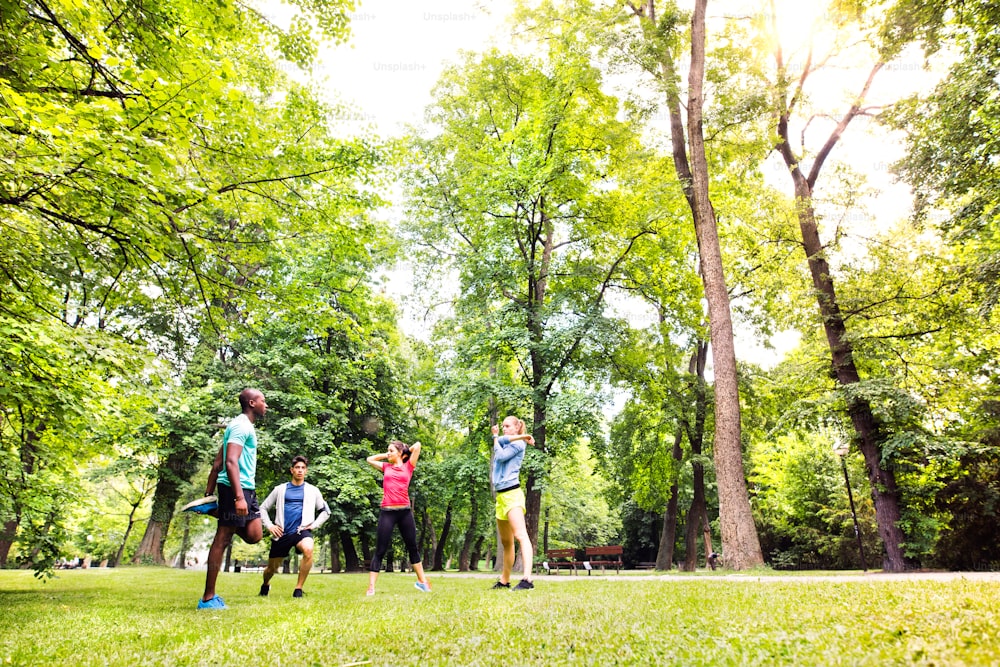 Group of young runners in nature warming up and stretching legs and arms.