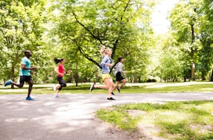 Group of young athletes running in green sunny summer park.