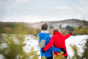 冬の自然の中で外でジョギングし、休むシニアカップル。背面図。