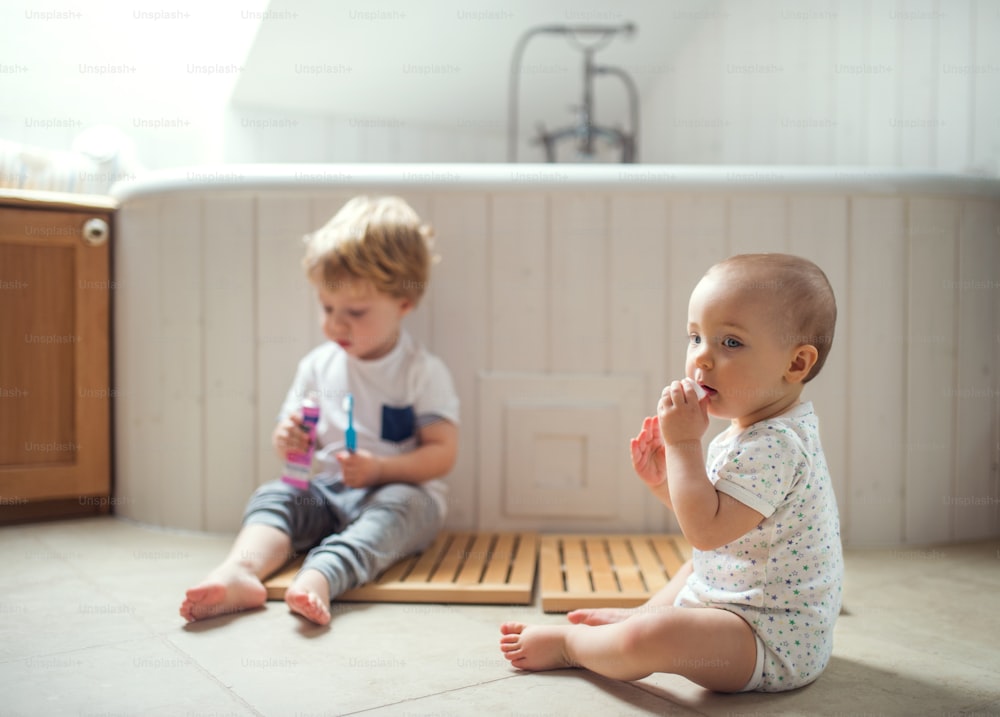 Two toddler children sitting on the floor and brushing teeth in the bathroom at home.