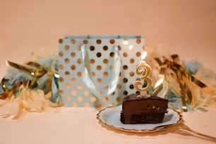 a piece of cake on a plate with a candle