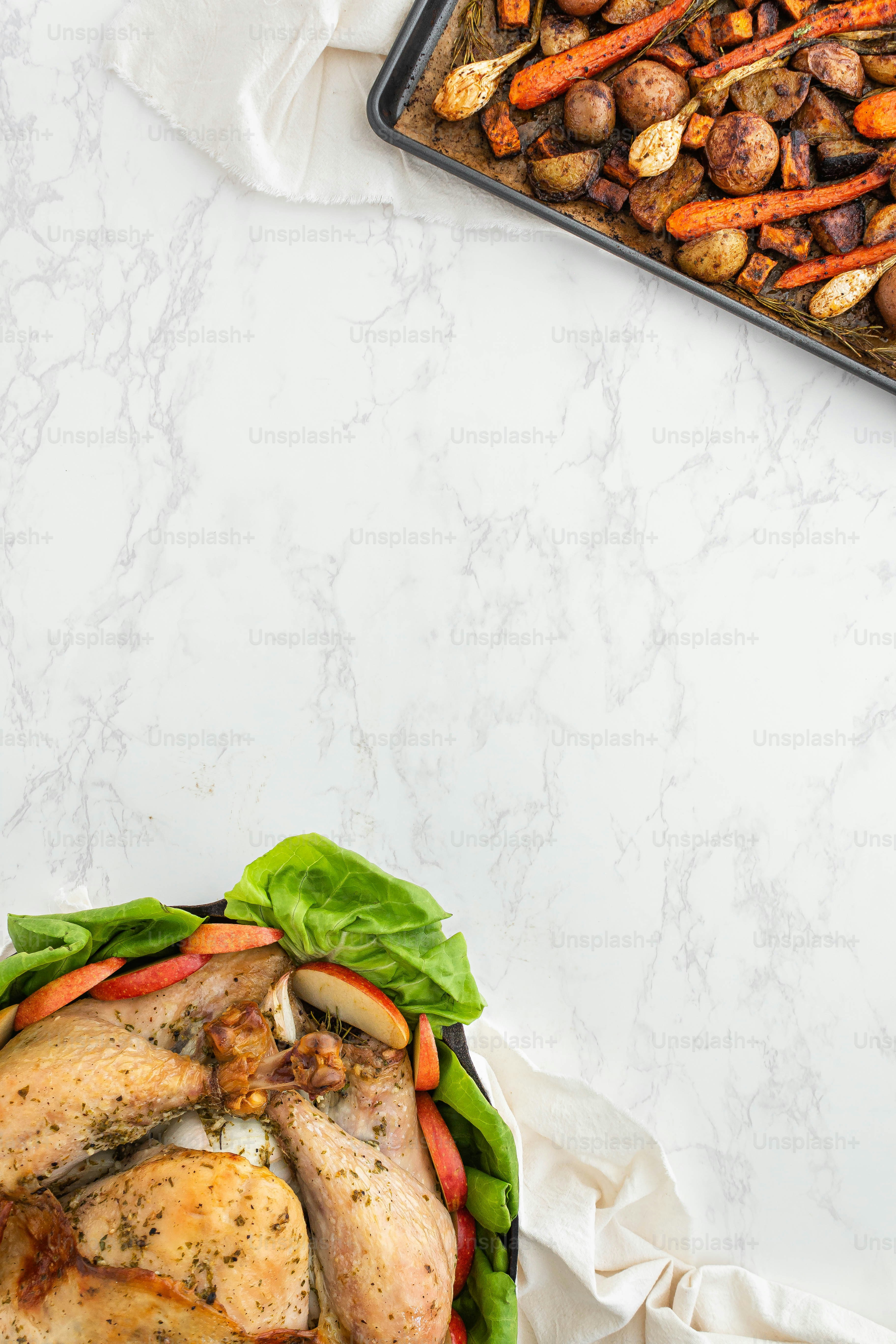 a turkey and vegetables on a bed of lettuce