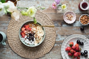 a bowl of fruit and yogurt on a table