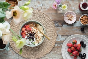 a bowl of fruit and yogurt on a table