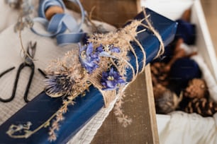 a close up of a blue ribbon on a table