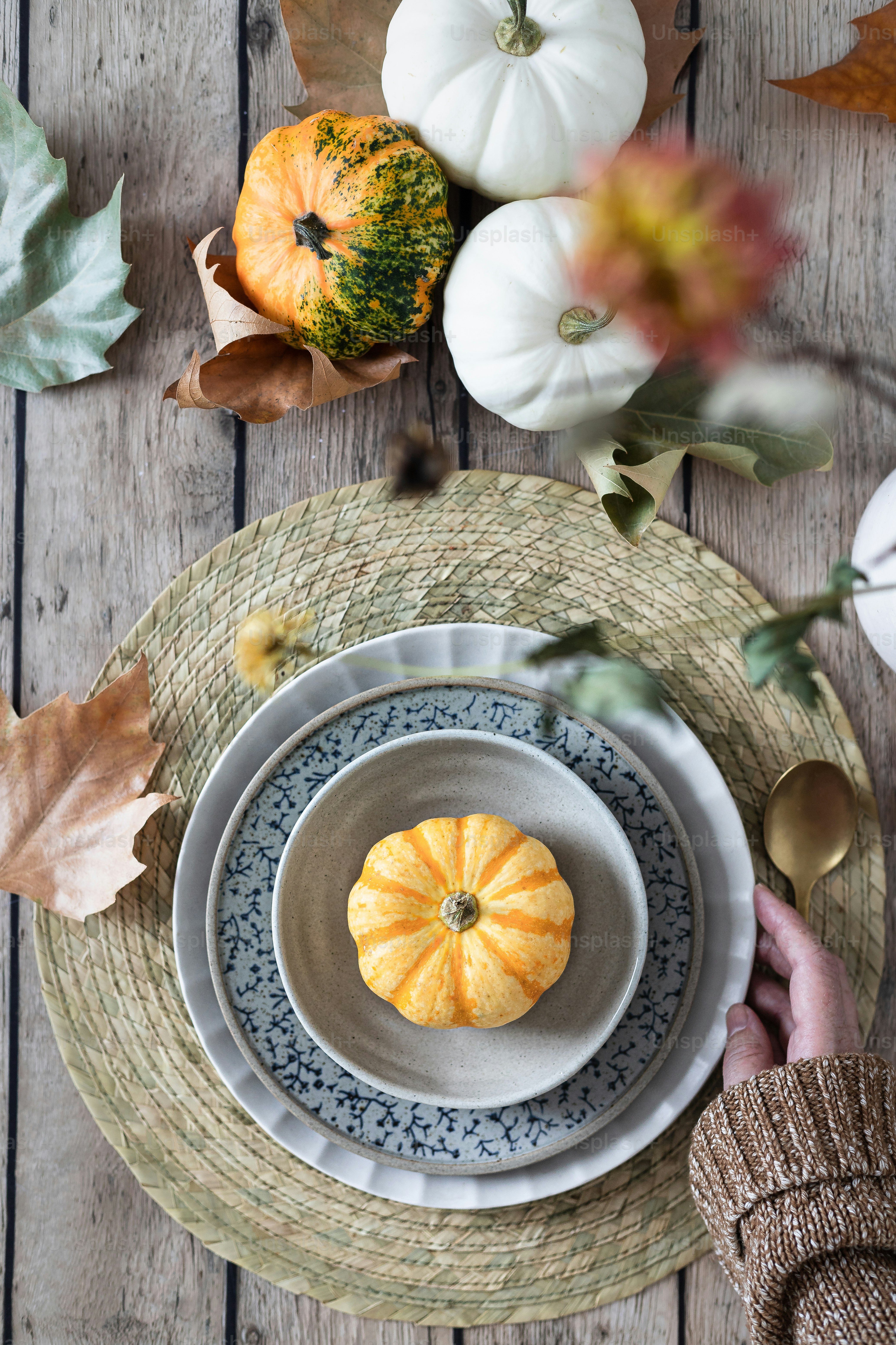 a person holding a plate with a small pumpkin on it