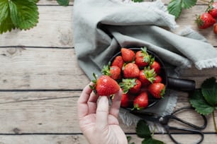 a person holding a bowl of strawberries on a table