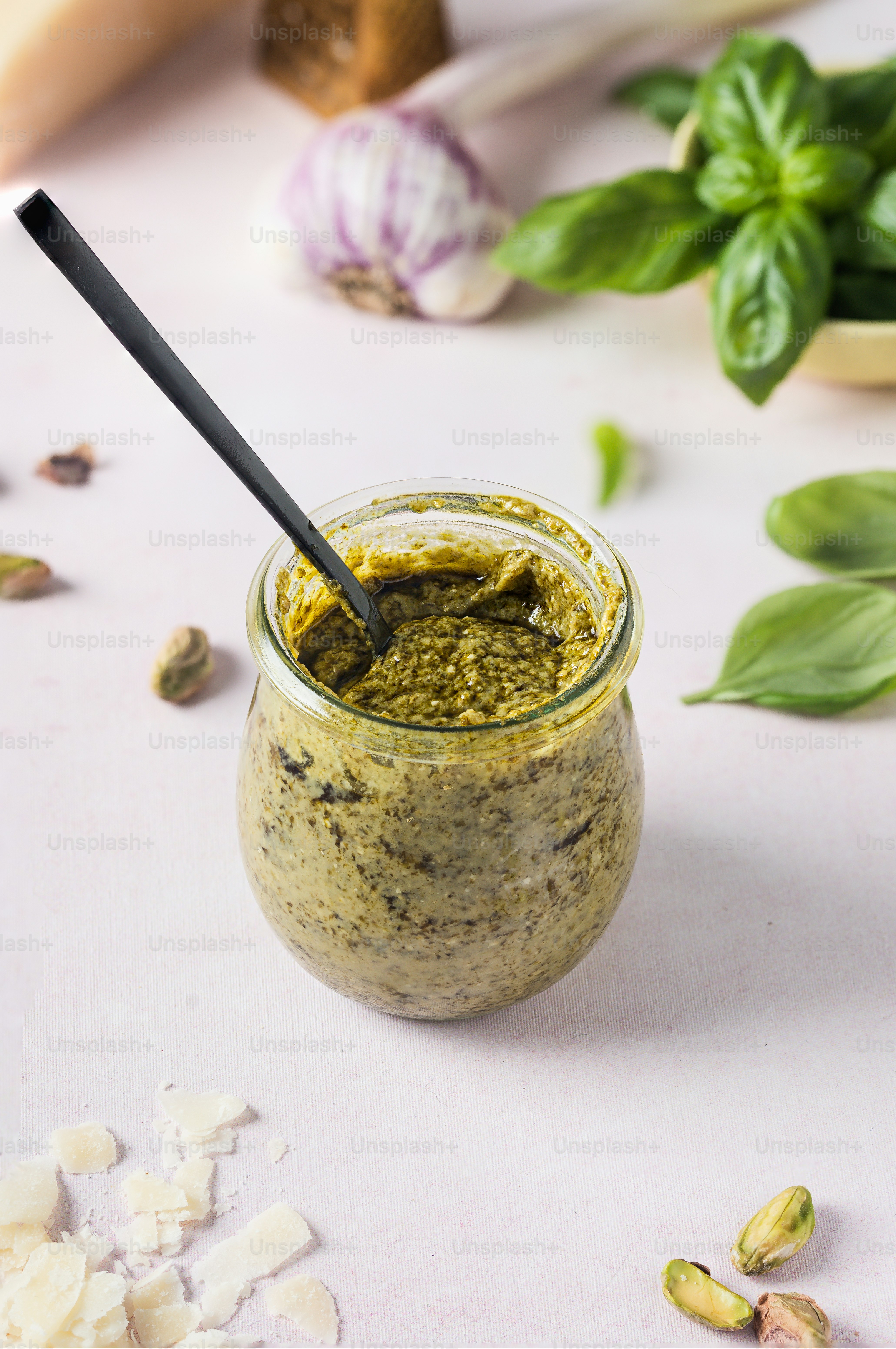 A jar of pesto sauce with a spoon in it photo Pesto Image on Unsplash