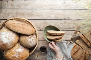 a person holding a plate of bread next to a basket of bread