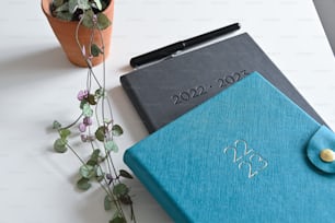 um caderno e caneta sentados em uma mesa ao lado de um vaso de planta