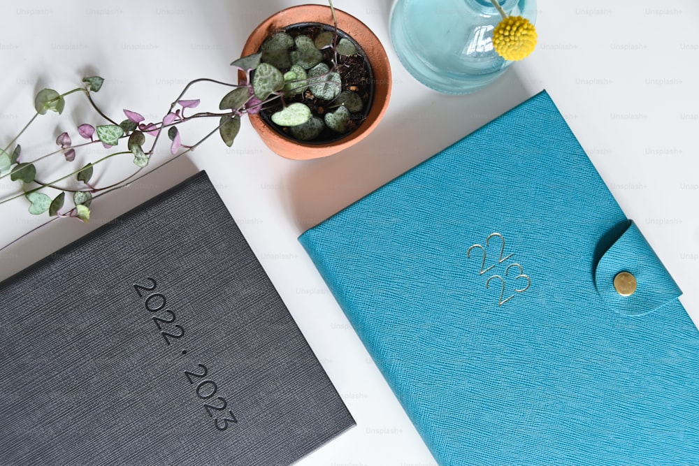 um caderno azul sentado ao lado de um vaso de planta