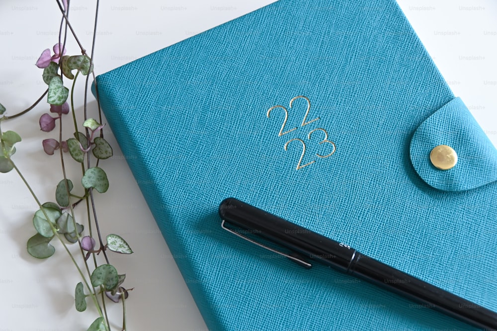 una penna seduta sopra un quaderno blu