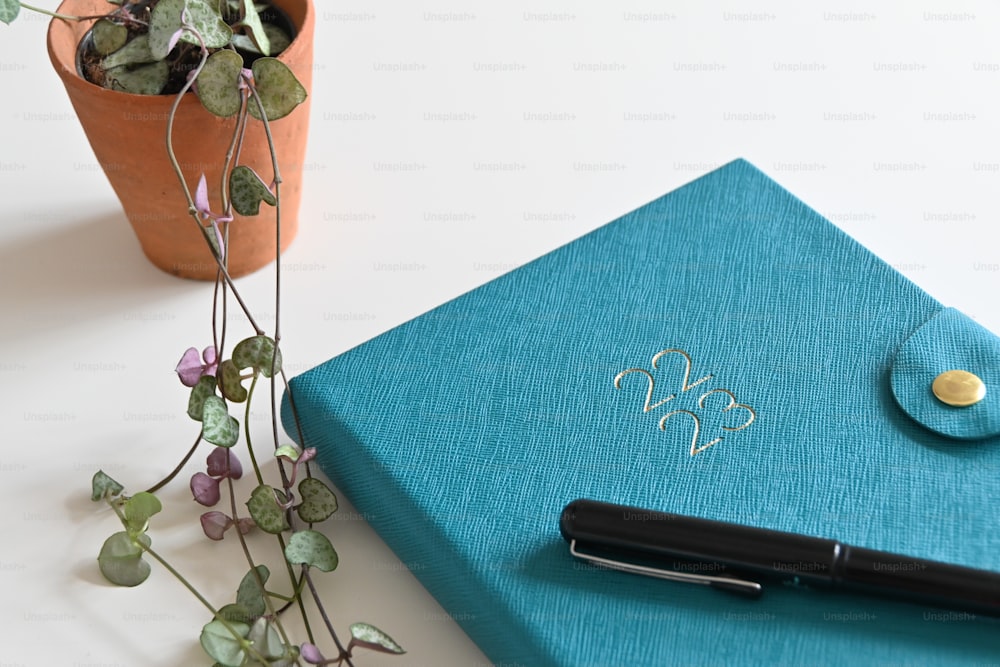 a blue notebook with a pen next to a potted plant
