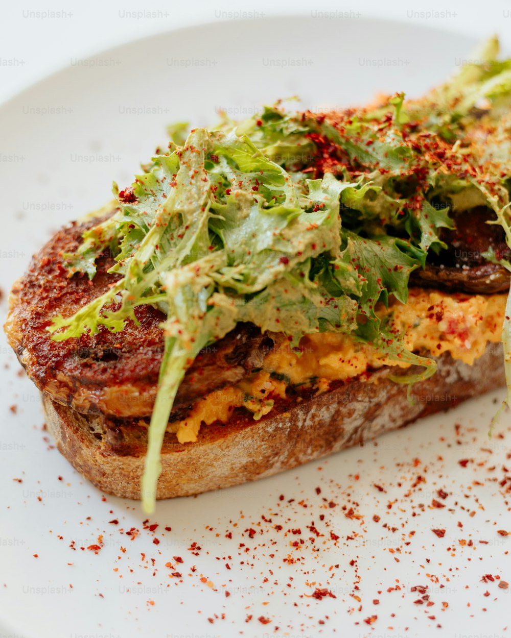 ein weißer Teller mit einem mit Salat bedeckten Sandwich