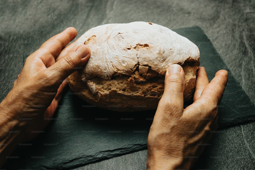 una persona che tiene in mano una pagnotta di pane