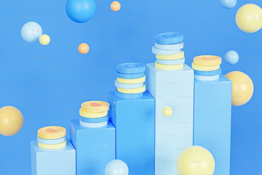 a group of blue and yellow boxes and balloons