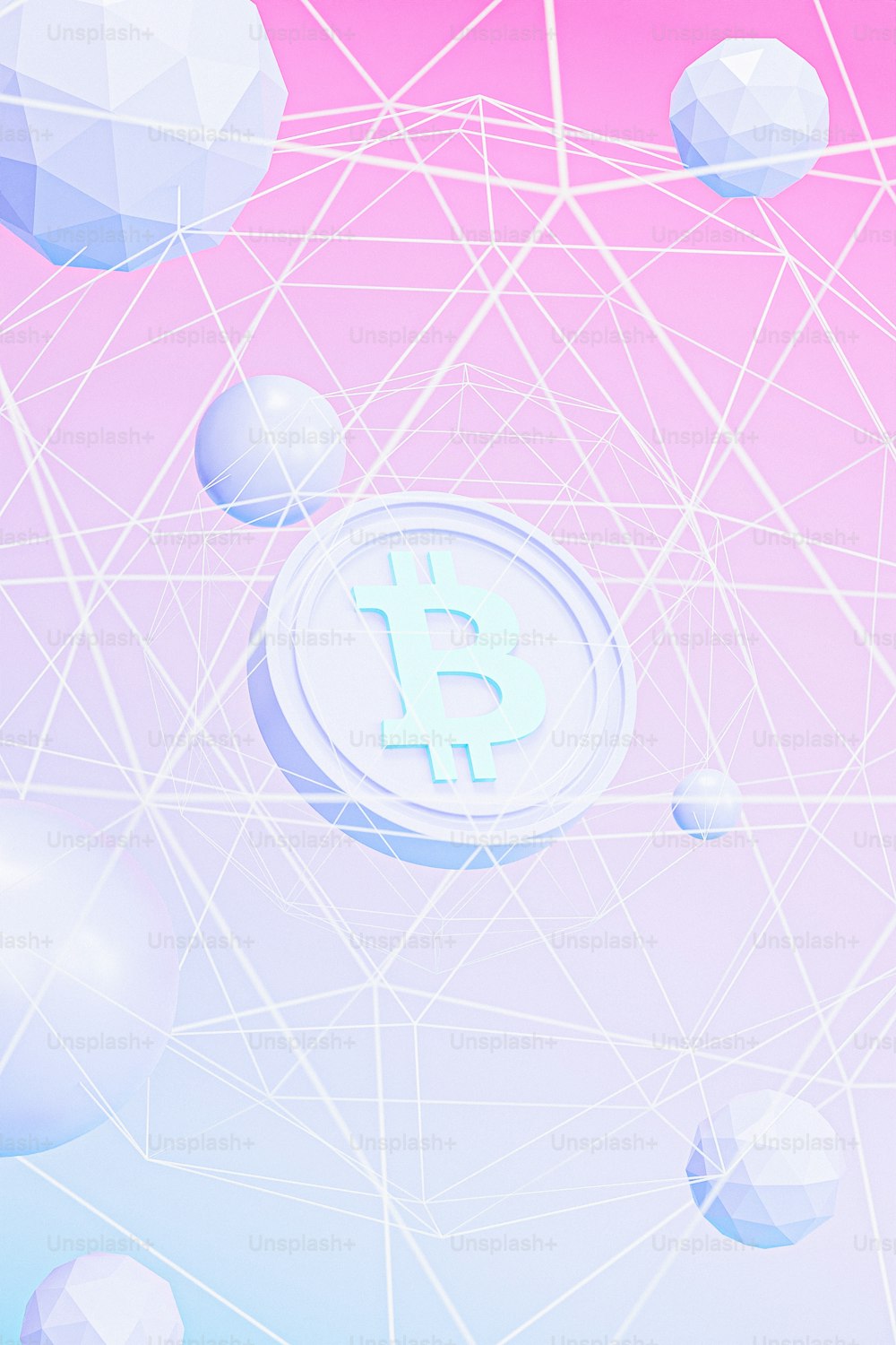 Um Bitcoin cercado por bolas e linhas