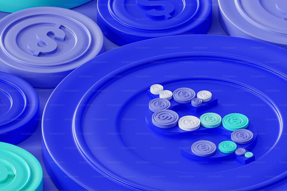 um grupo de placas azuis e verdes com botões