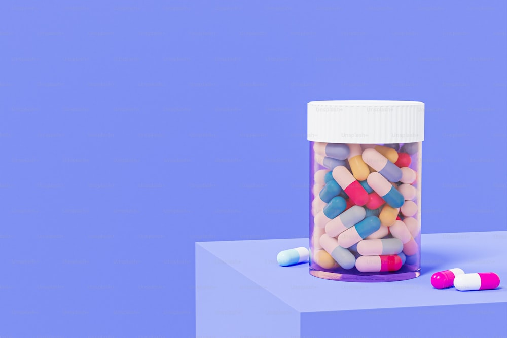 a jar of pills sitting on top of a table