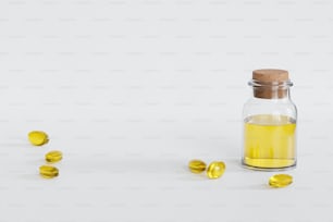 a bottle filled with yellow pills sitting on top of a table