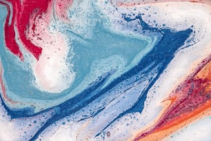 an abstract painting of blue, red, and white