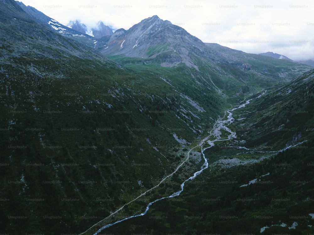 a river running through a lush green valley