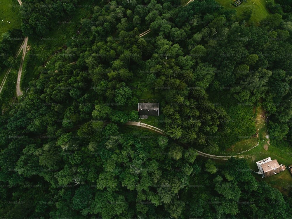 une vue aérienne d’une maison au milieu d’une forêt