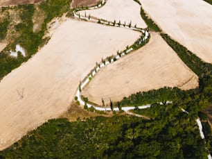 an aerial view of a large field with trees