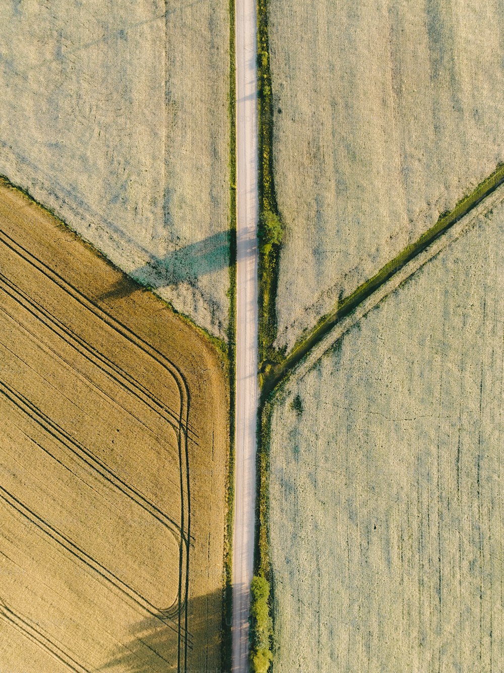 an aerial view of a road in a field