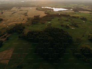 an aerial view of a golf course surrounded by trees