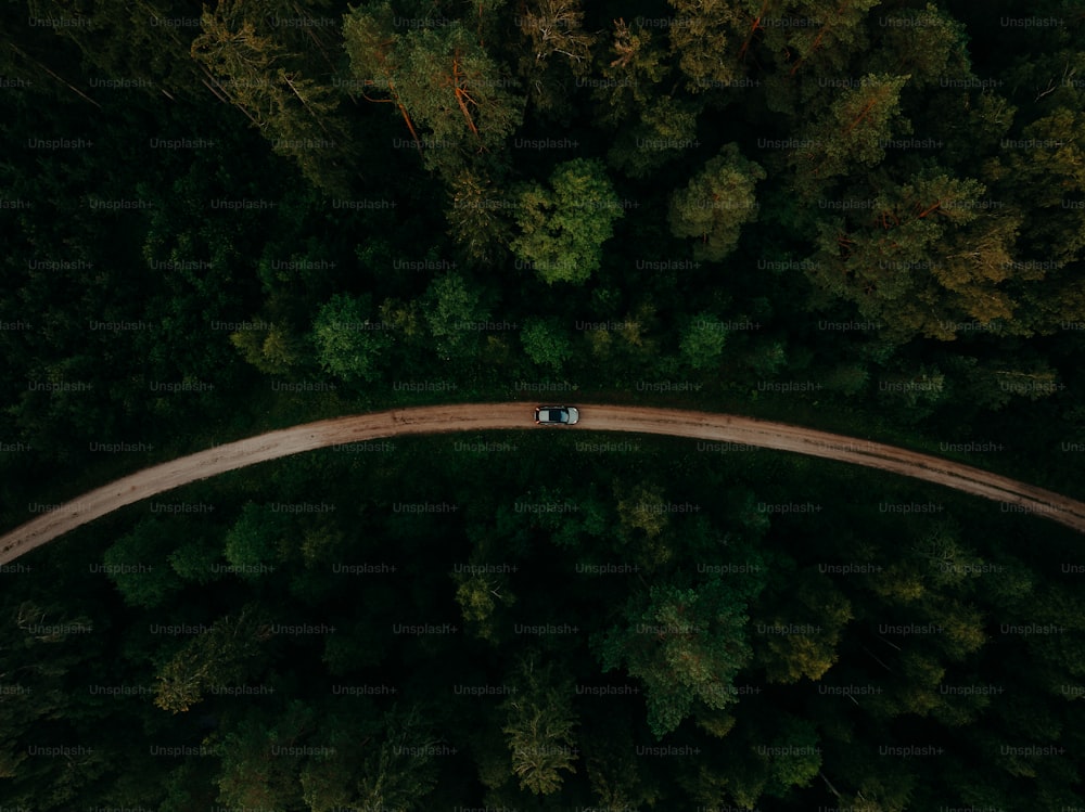 an aerial view of a car driving on a road in the middle of a forest